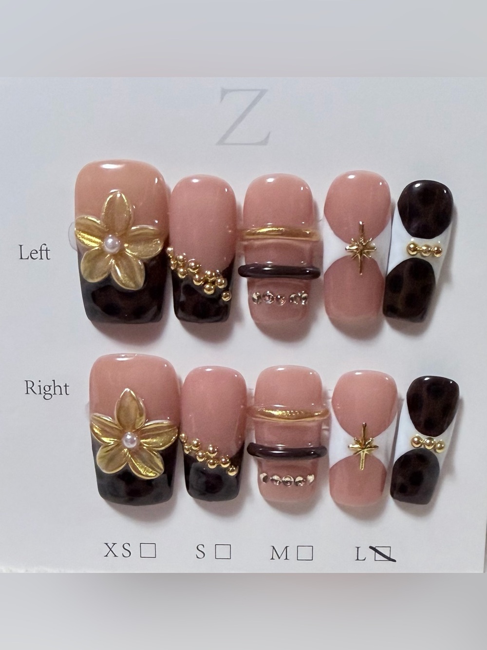 Nude Pink and Chocolate Floral Press-On Nail Set with Gold Accents